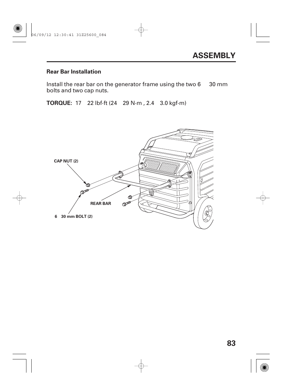 Rear bar installation, 83 assembly | HONDA EU6500is User Manual | Page 85 / 100