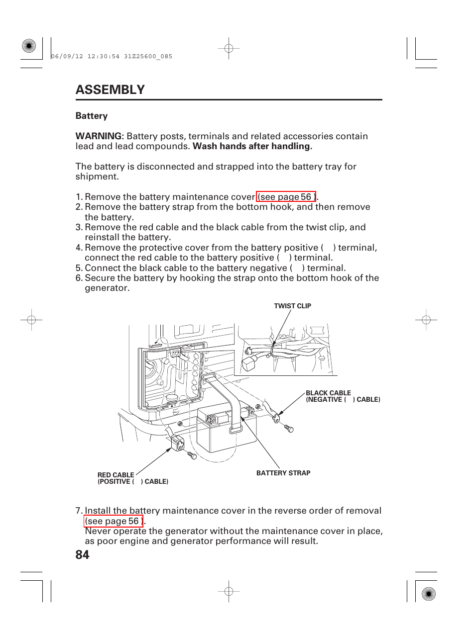 Battery, 84 assembly | HONDA EU6500is User Manual | Page 86 / 100
