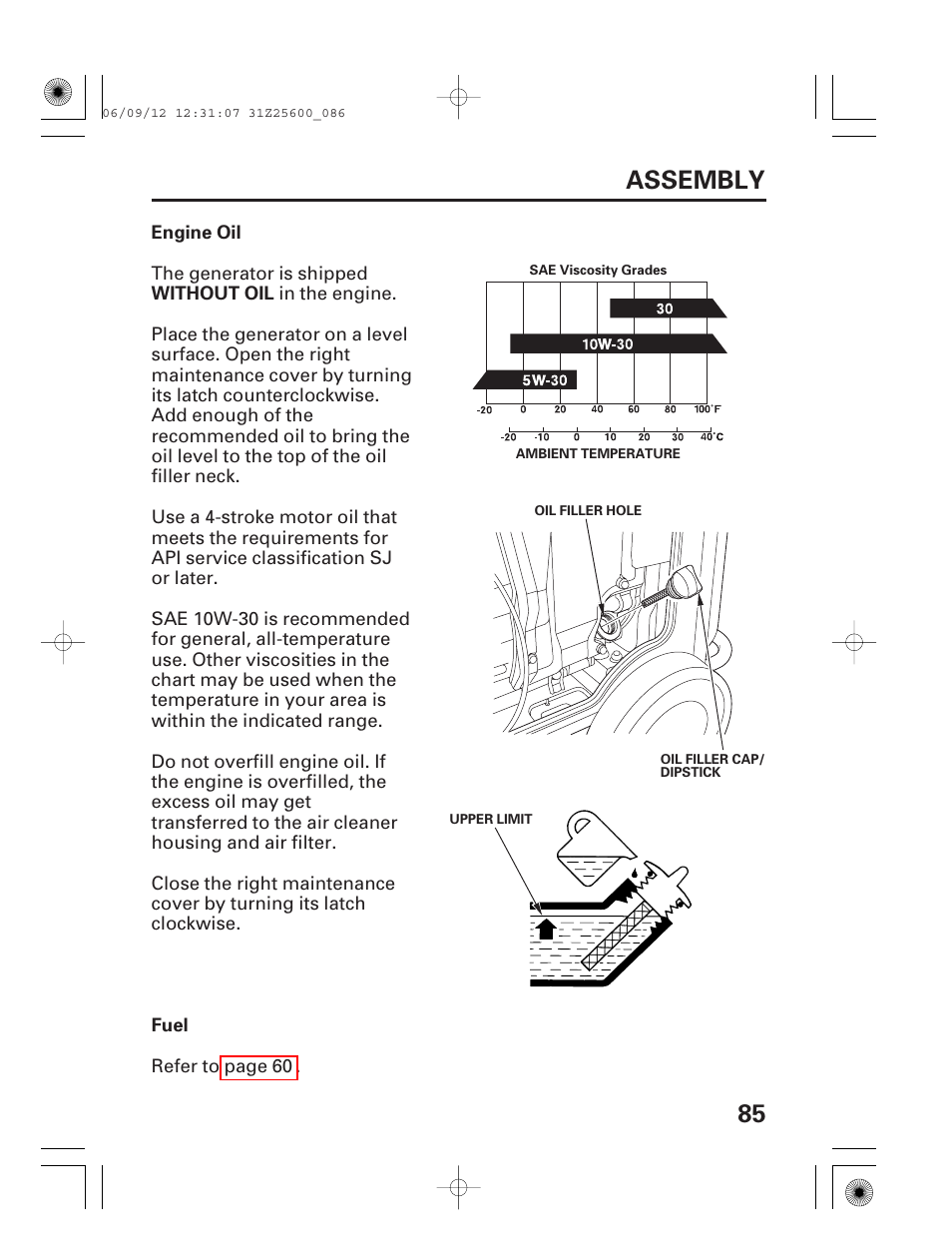 Engine oil, Fuel, 85 assembly | HONDA EU6500is User Manual | Page 87 / 100