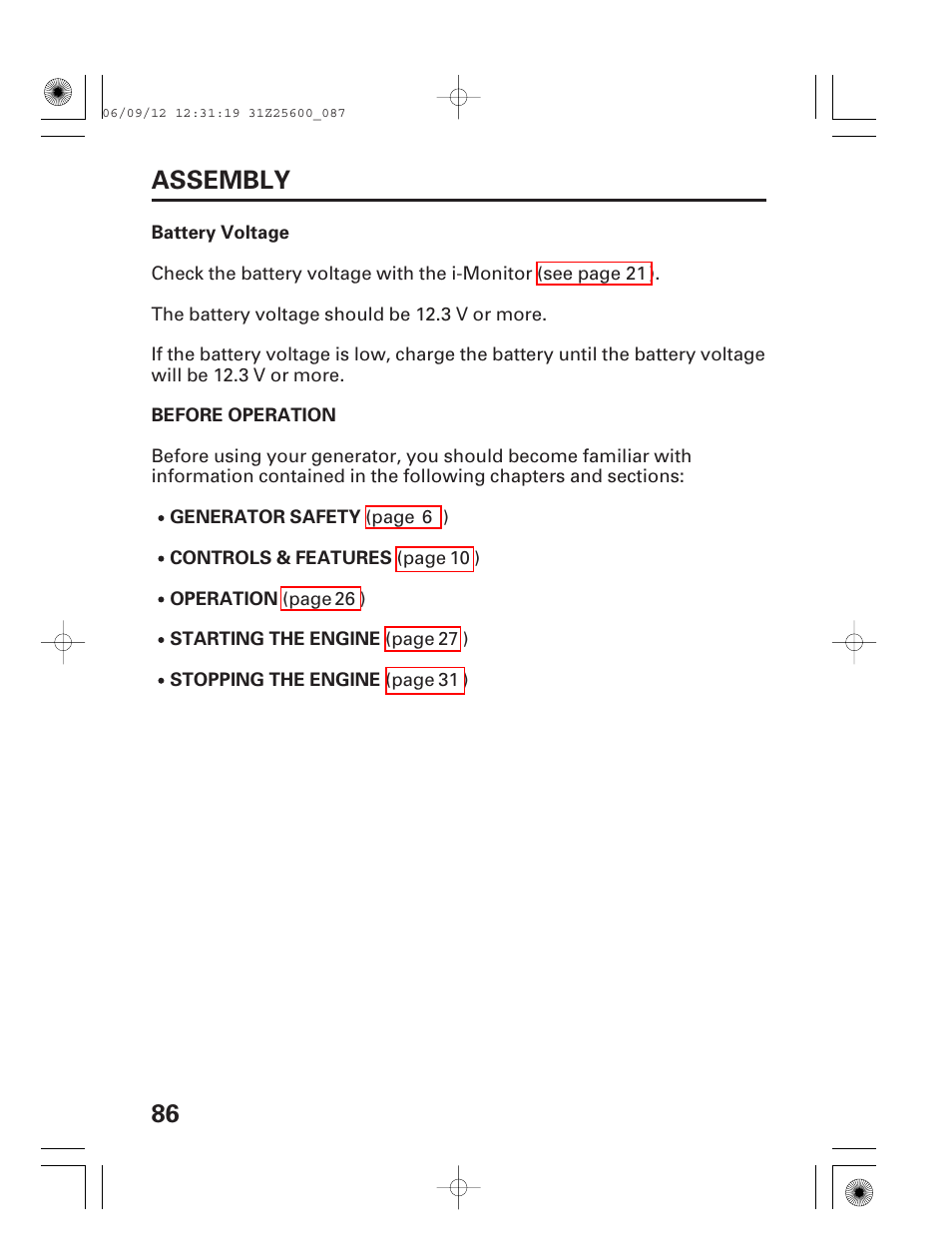 Battery voltage, Before operation, 86 assembly | HONDA EU6500is User Manual | Page 88 / 100