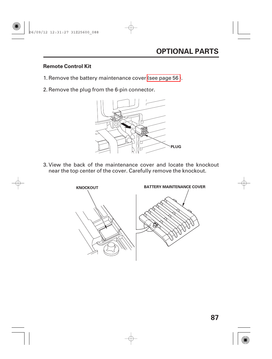 Optional parts, Remote control kit, 87 optional parts | HONDA EU6500is User Manual | Page 89 / 100