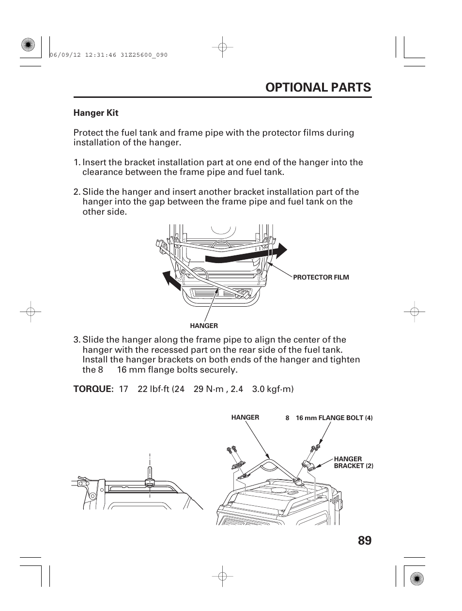 Hanger kit, 89 optional parts | HONDA EU6500is User Manual | Page 91 / 100