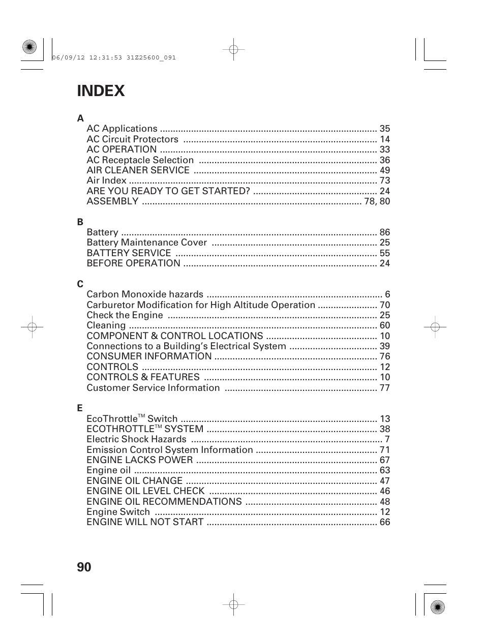 Index | HONDA EU6500is User Manual | Page 92 / 100