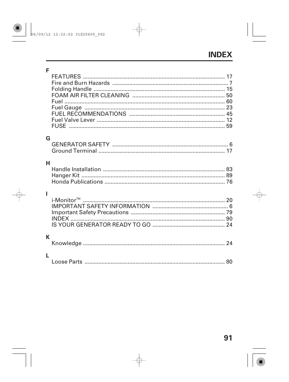 91 index | HONDA EU6500is User Manual | Page 93 / 100