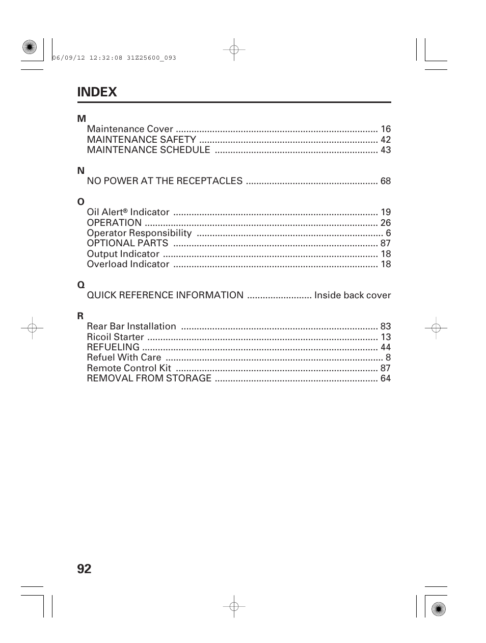 92 index | HONDA EU6500is User Manual | Page 94 / 100