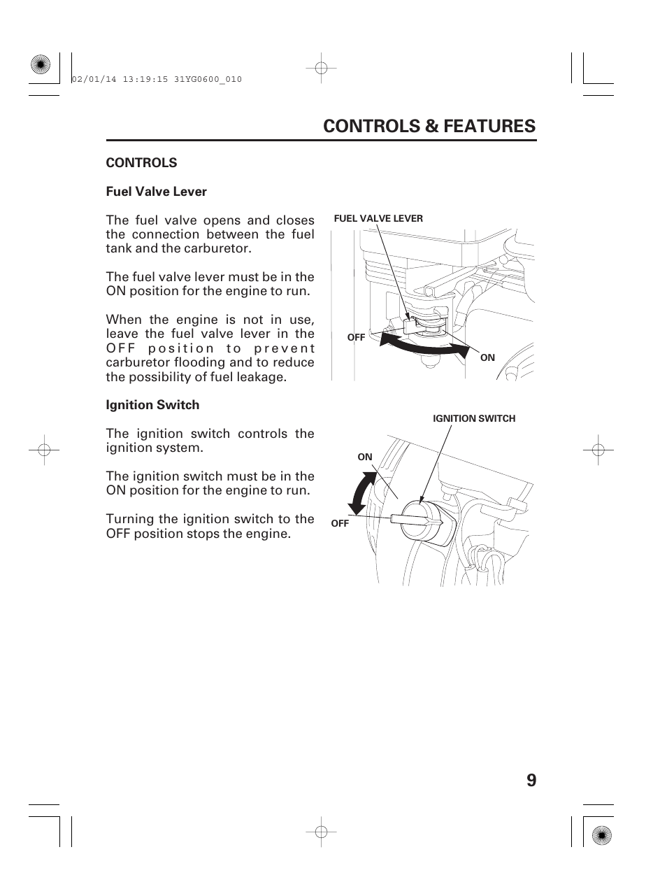 Controls, Fuel valve lever, Ignition switch | 9controls & features | HONDA WT20X User Manual | Page 11 / 64