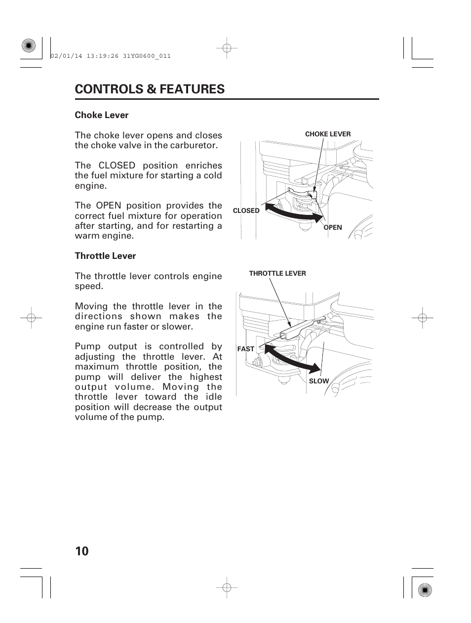 Choke lever, Throttle lever, 10 controls & features | Choke lever throttle lever | HONDA WT20X User Manual | Page 12 / 64