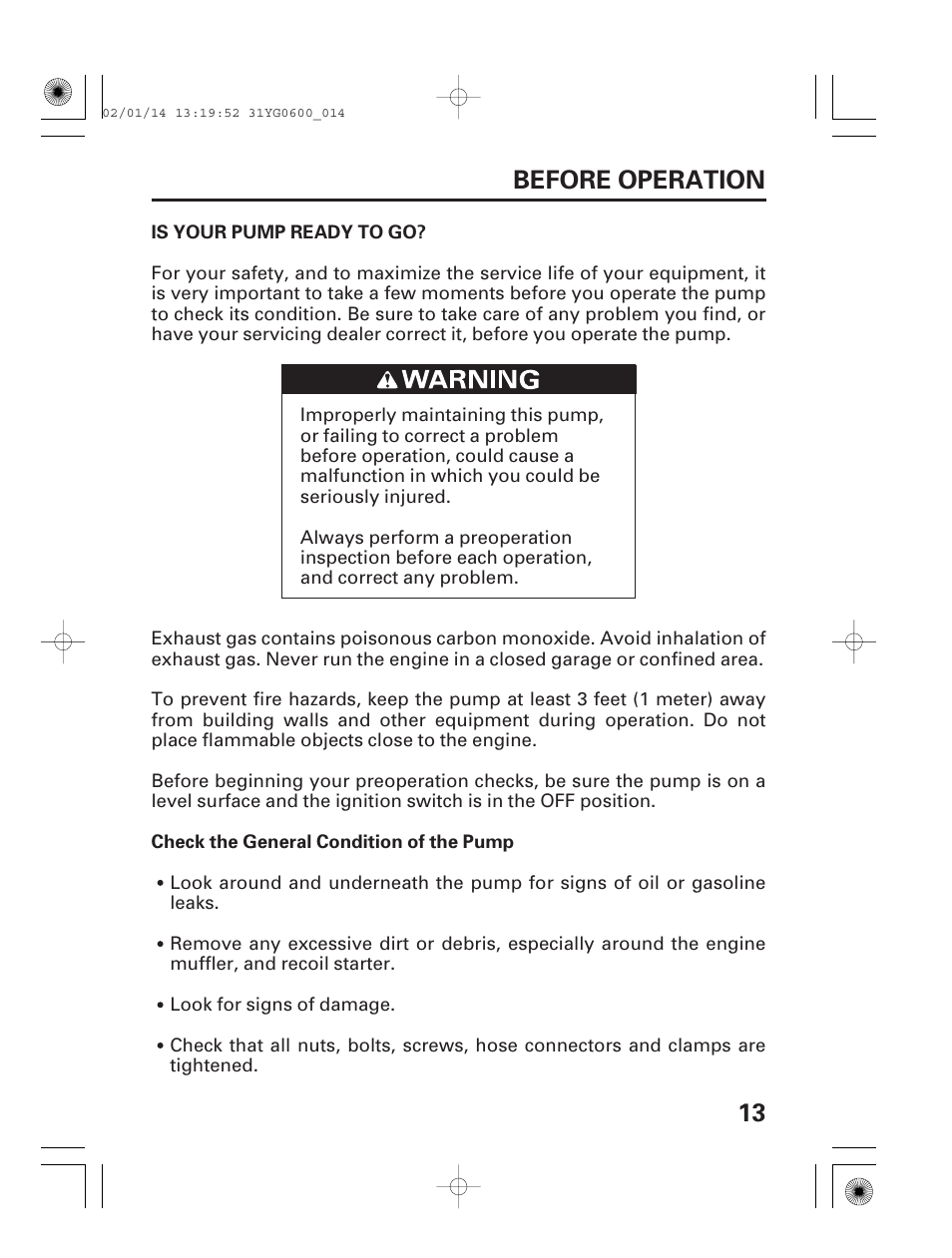 Is your pump ready to go, 13 before operation | HONDA WT20X User Manual | Page 15 / 64