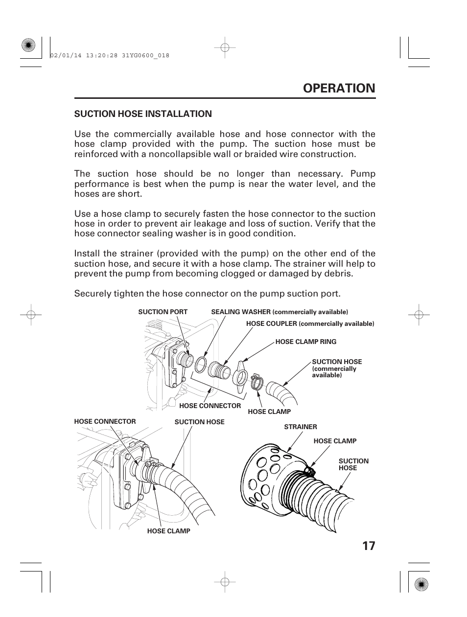 Suction hose installation, 17 operation | HONDA WT20X User Manual | Page 19 / 64