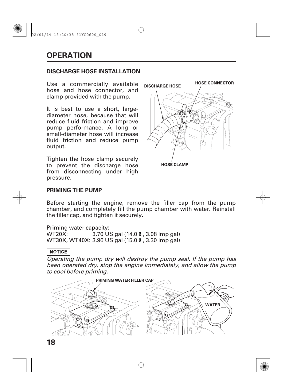 Discharge hose installation, Priming the pump, 18 operation | HONDA WT20X User Manual | Page 20 / 64