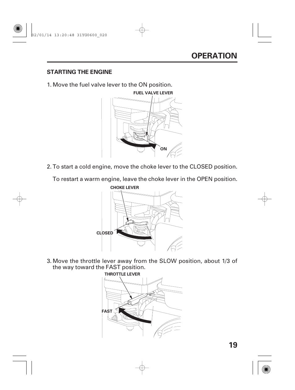 Starting the engine, 19 operation | HONDA WT20X User Manual | Page 21 / 64