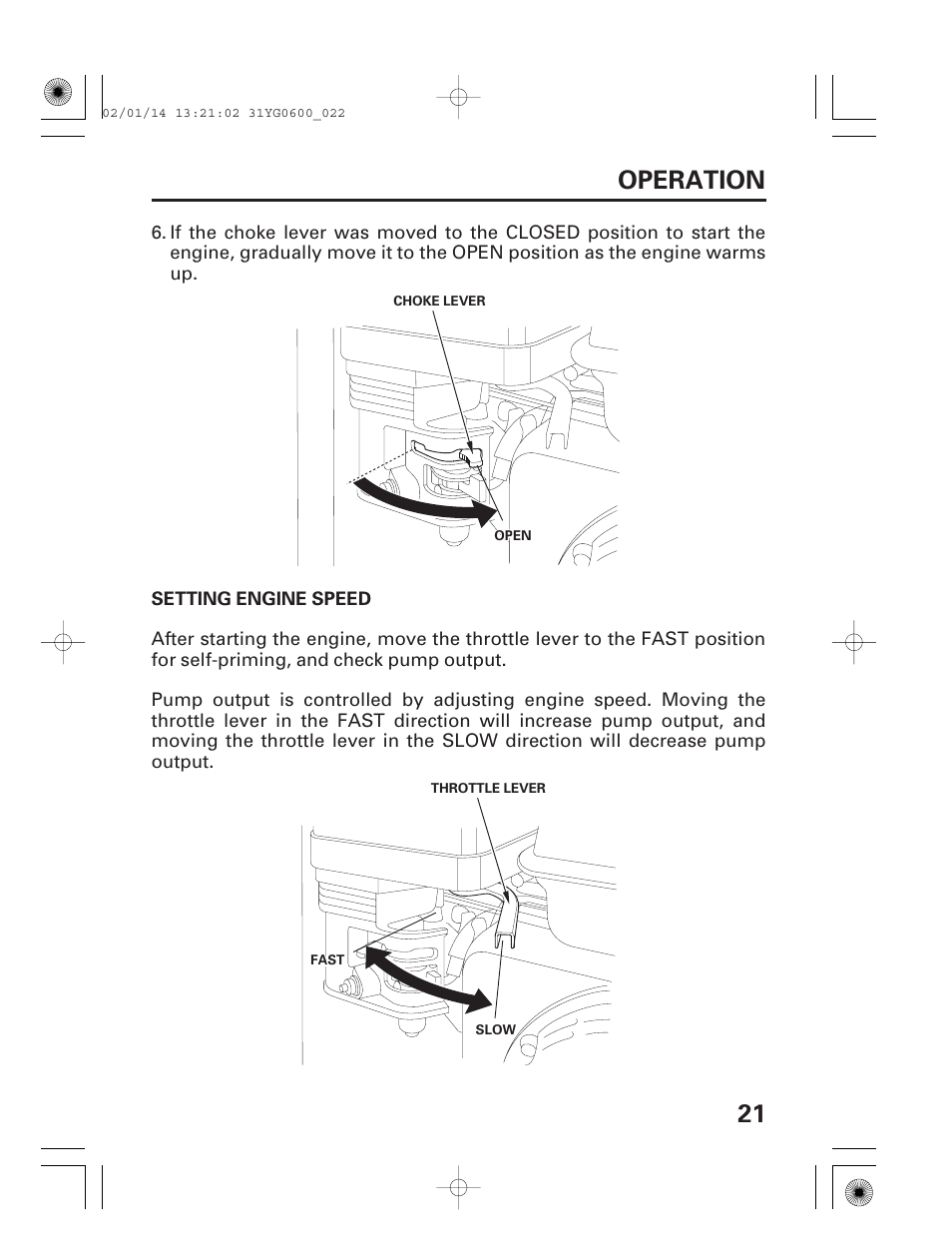Setting engine speed, 21 operation | HONDA WT20X User Manual | Page 23 / 64