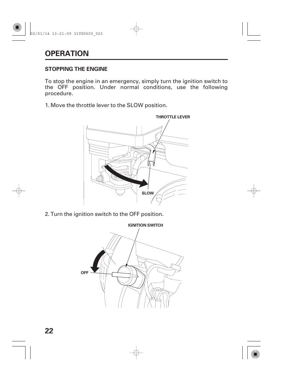 Stopping the engine, 22 operation | HONDA WT20X User Manual | Page 24 / 64