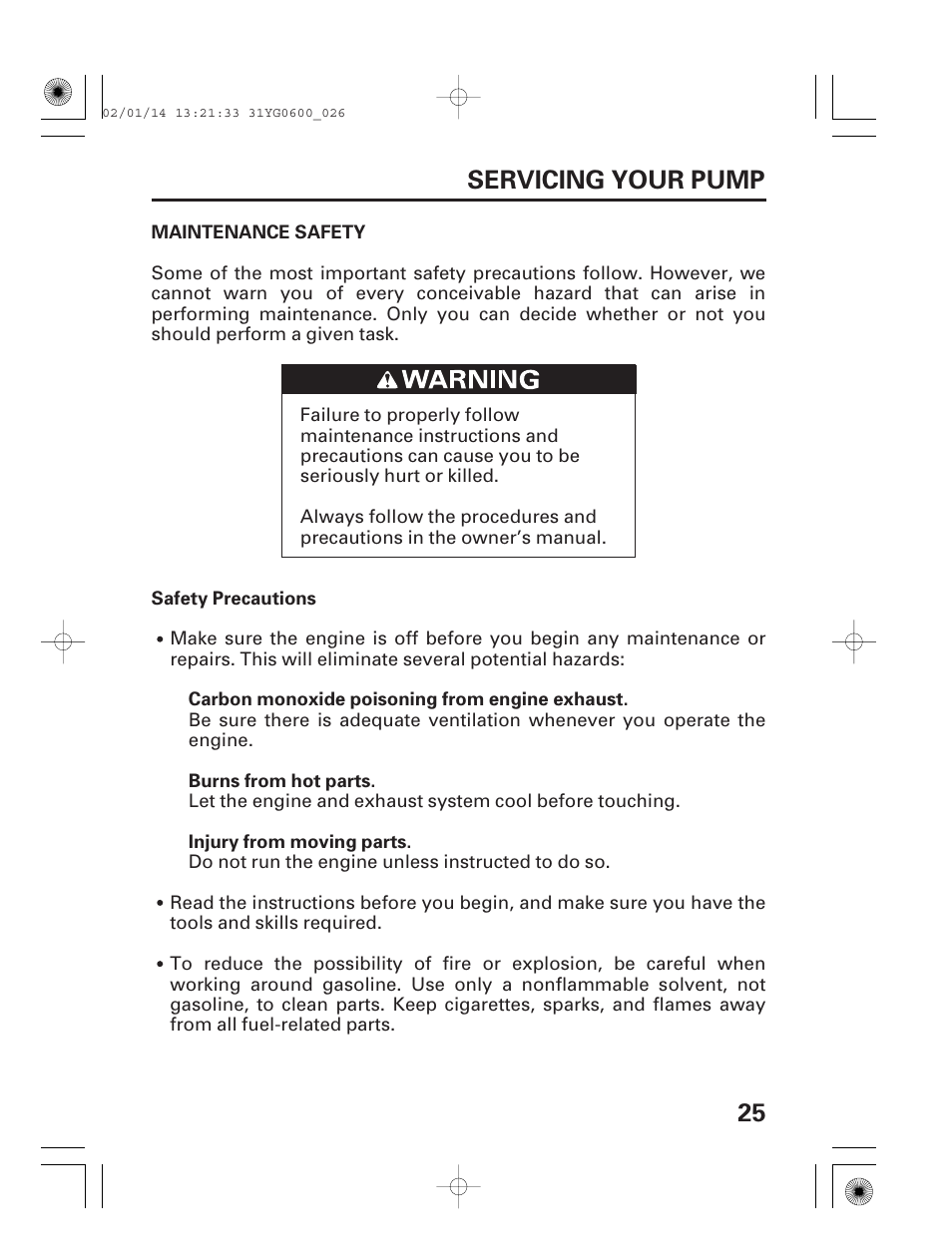 Maintenance safety, 25 servicing your pump | HONDA WT20X User Manual | Page 27 / 64