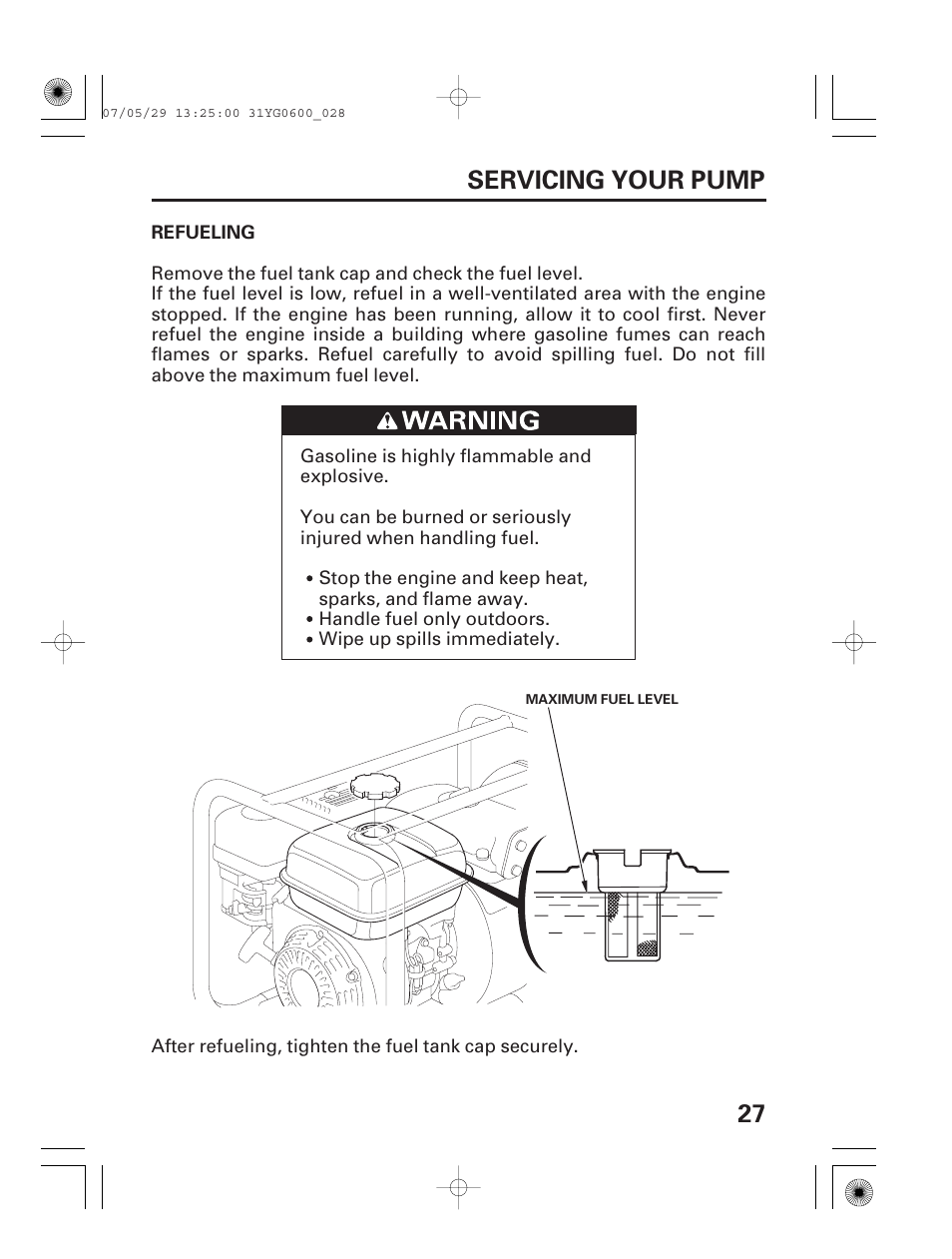 Refueling, 27 servicing your pump | HONDA WT20X User Manual | Page 29 / 64