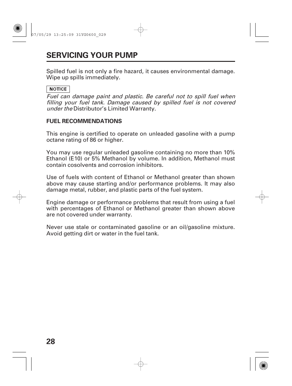 Fuel recommendations, 28 servicing your pump | HONDA WT20X User Manual | Page 30 / 64
