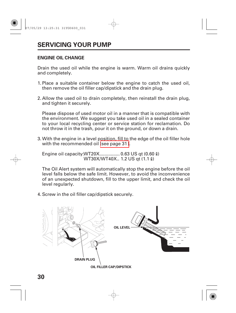 Engine oil change, 30 servicing your pump | HONDA WT20X User Manual | Page 32 / 64