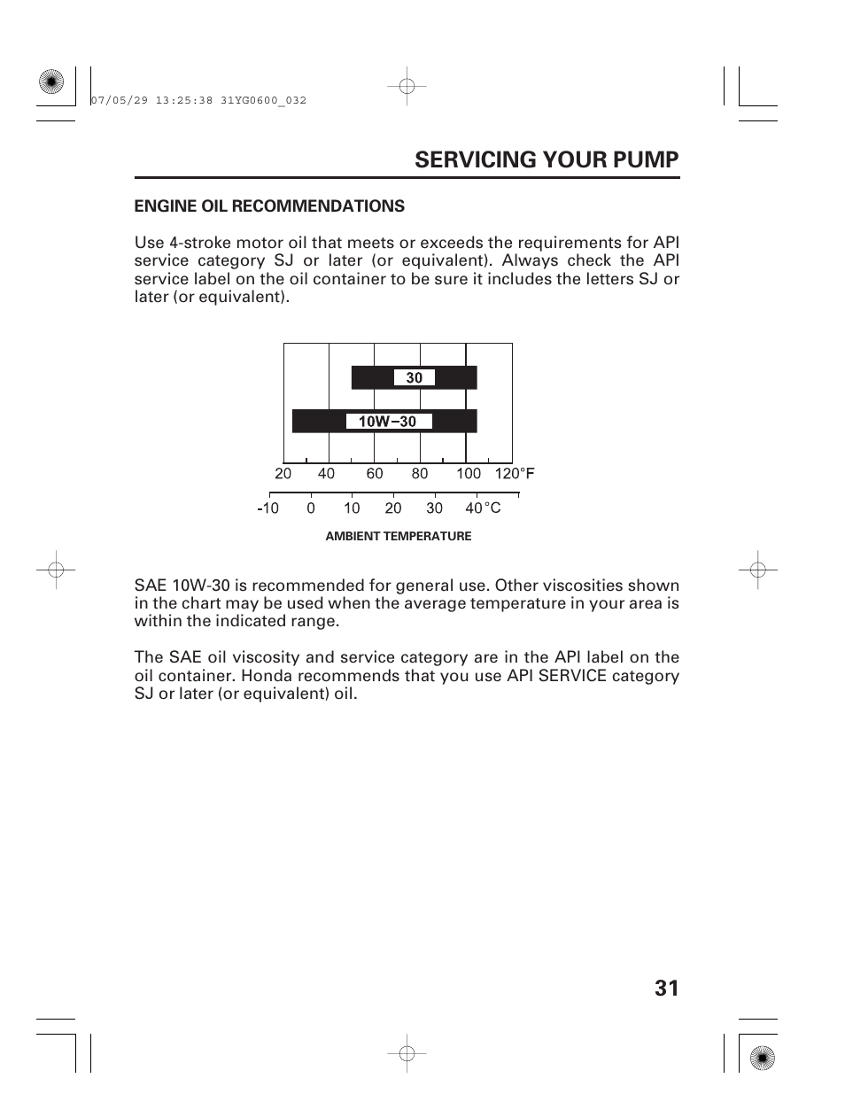 Engine oil recommendations, 31 servicing your pump | HONDA WT20X User Manual | Page 33 / 64