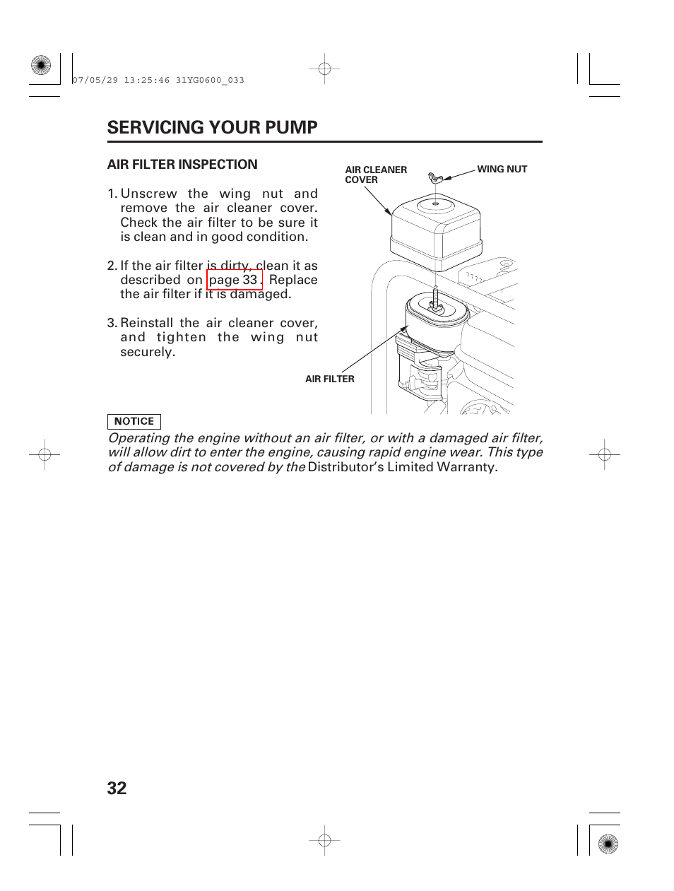 Air filter inspection, 32 servicing your pump | HONDA WT20X User Manual | Page 34 / 64