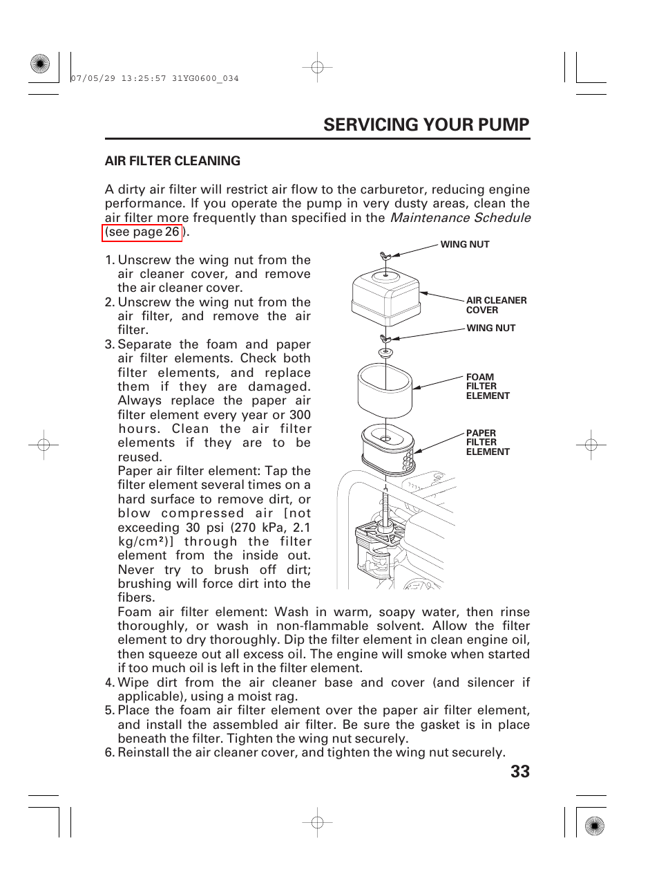 Air filter cleaning, 33 servicing your pump | HONDA WT20X User Manual | Page 35 / 64