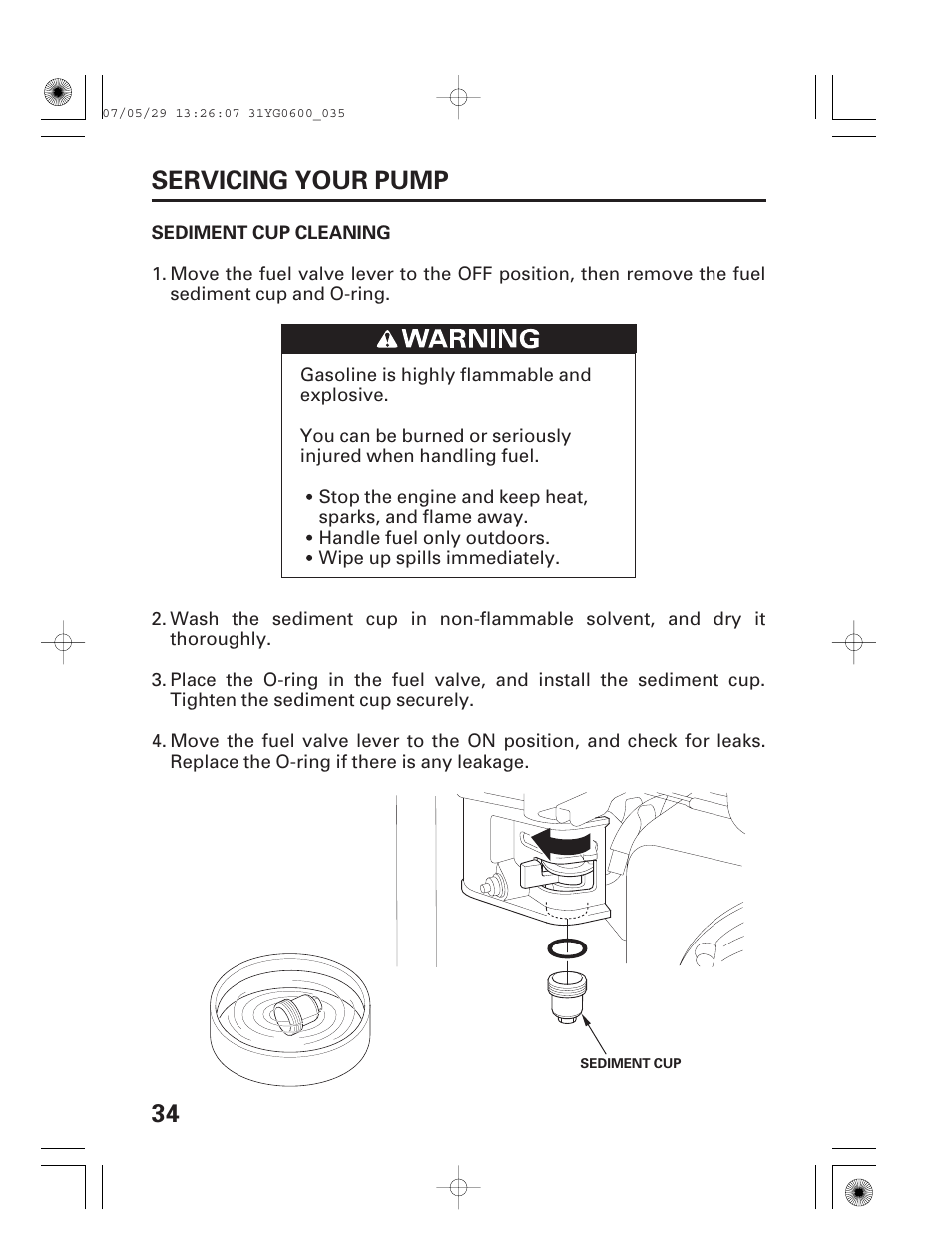 Sediment cup cleaning, 34 servicing your pump | HONDA WT20X User Manual | Page 36 / 64