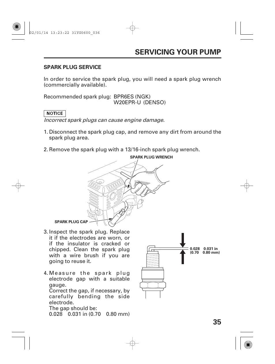 Spark plug service, 35 servicing your pump | HONDA WT20X User Manual | Page 37 / 64