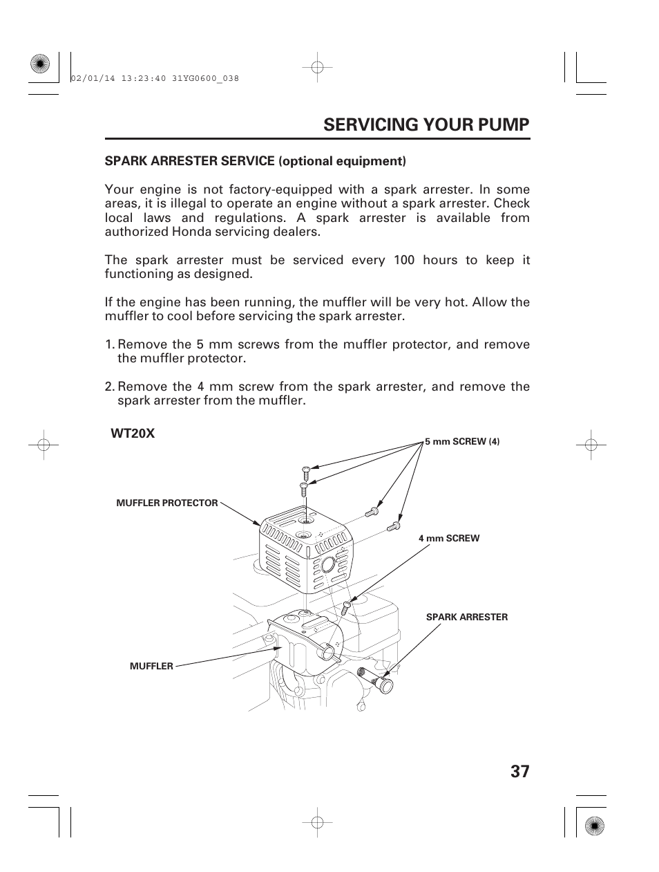 Spark arrester service (optional equipment), 37 servicing your pump | HONDA WT20X User Manual | Page 39 / 64