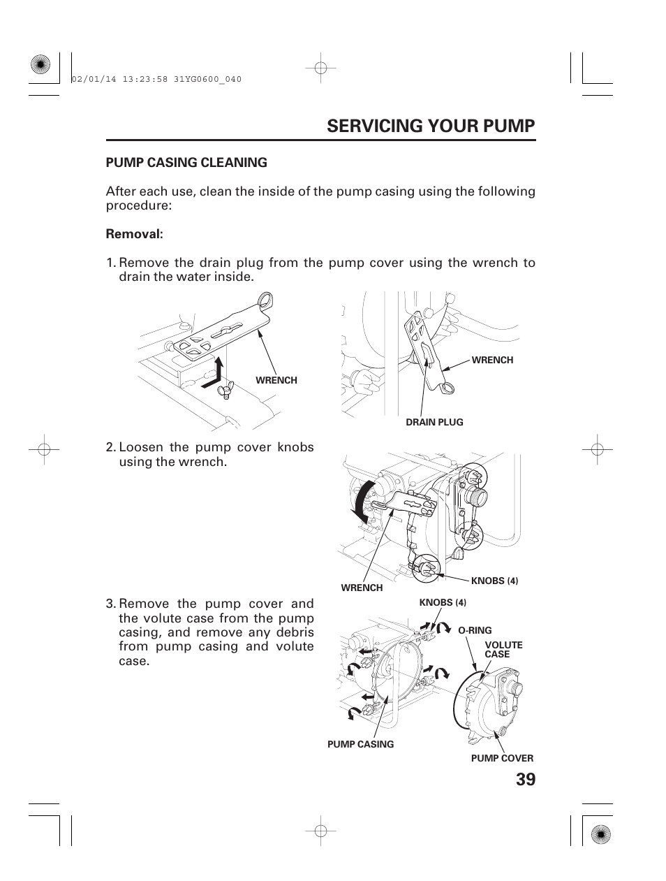 Pump casing cleaning, 39 servicing your pump | HONDA WT20X User Manual | Page 41 / 64