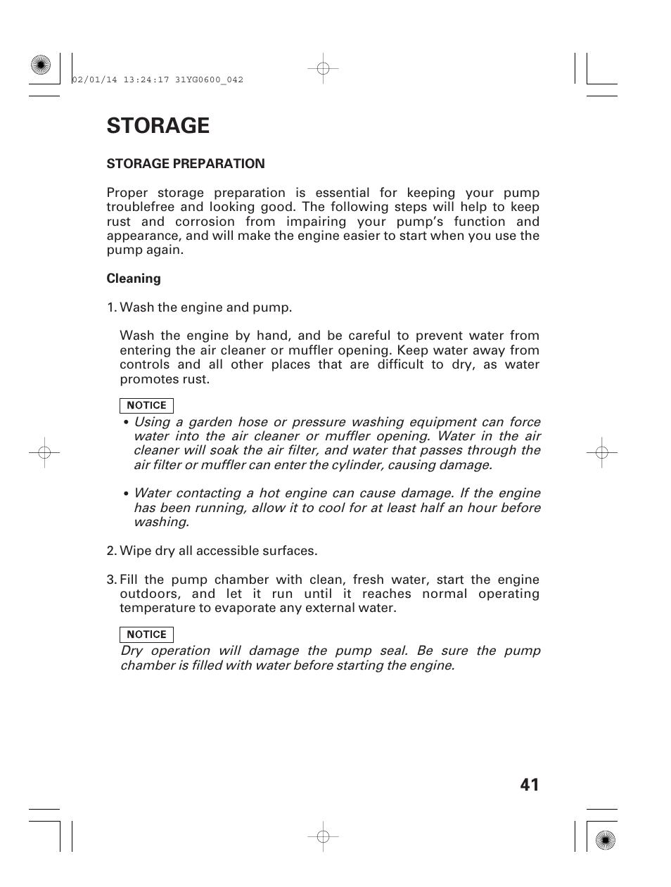 Storage, Storage preparation | HONDA WT20X User Manual | Page 43 / 64