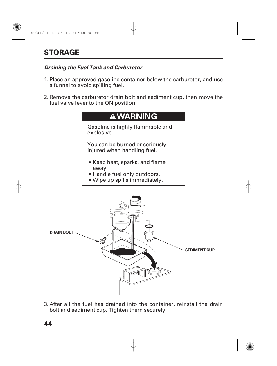 44 storage | HONDA WT20X User Manual | Page 46 / 64