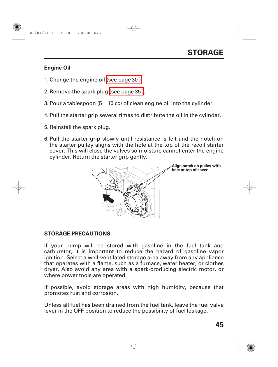 Storage precautions, 45 storage | HONDA WT20X User Manual | Page 47 / 64