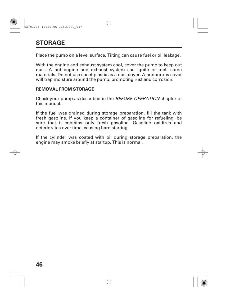 Removal from storage, 46 storage | HONDA WT20X User Manual | Page 48 / 64