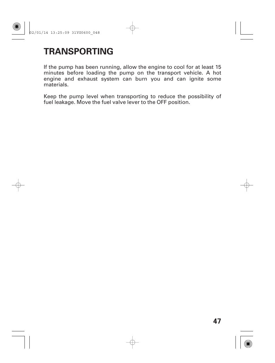 Transporting | HONDA WT20X User Manual | Page 49 / 64