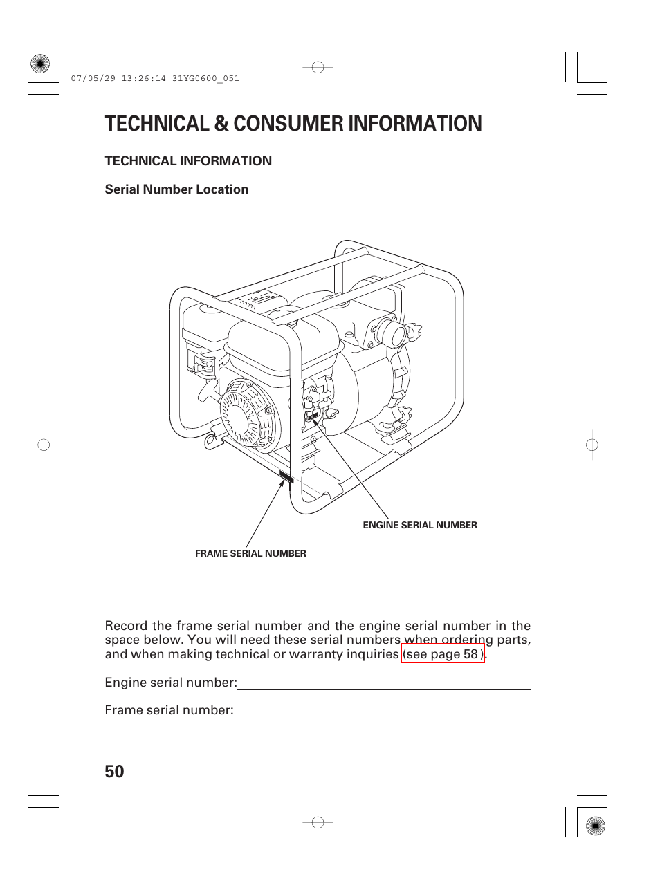 Technical & consumer information, Technical information, Serial number location | HONDA WT20X User Manual | Page 52 / 64