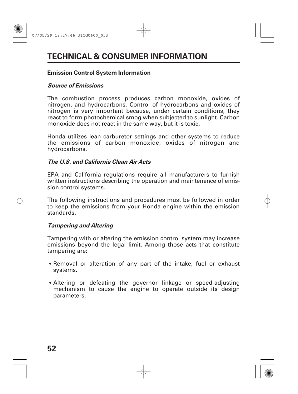 Oxygenated fuels, 52 technical & consumer information | HONDA WT20X User Manual | Page 54 / 64