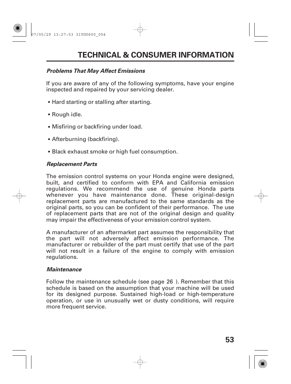 Emission control system information, 53 technical & consumer information | HONDA WT20X User Manual | Page 55 / 64