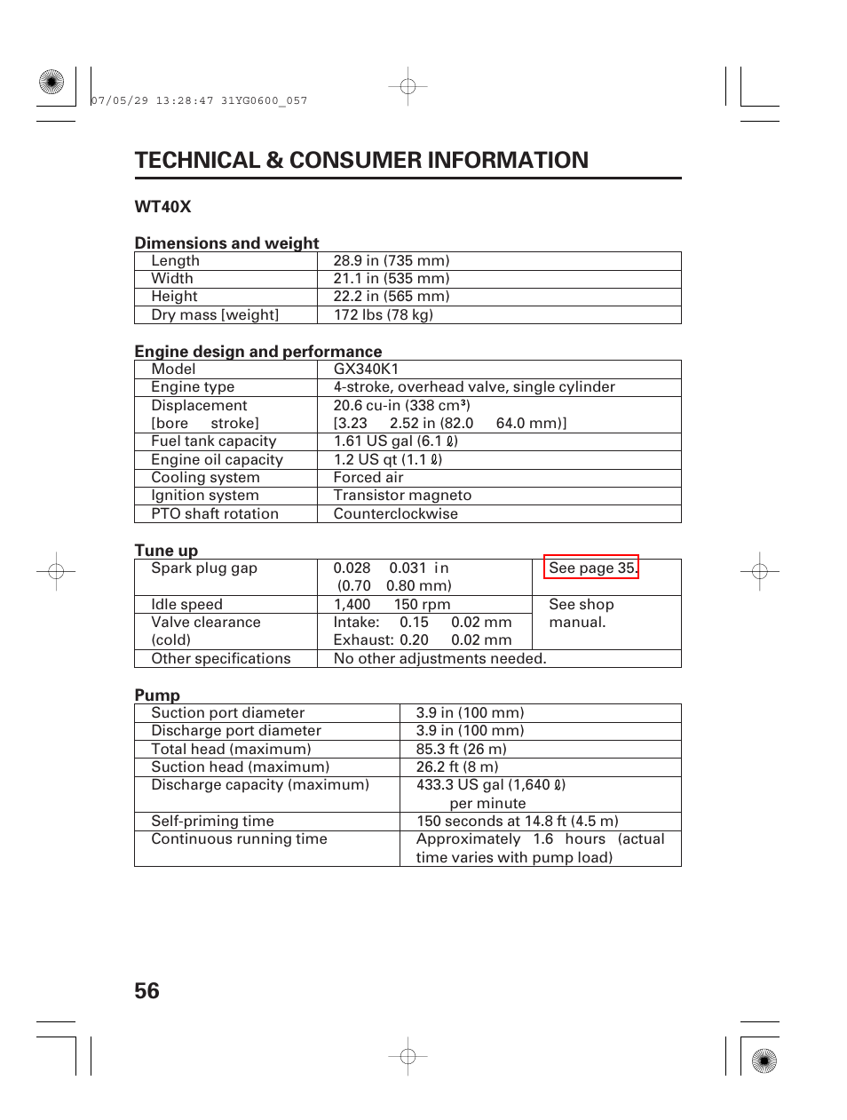 Wt20x specifications, 56 technical & consumer information | HONDA WT20X User Manual | Page 58 / 64