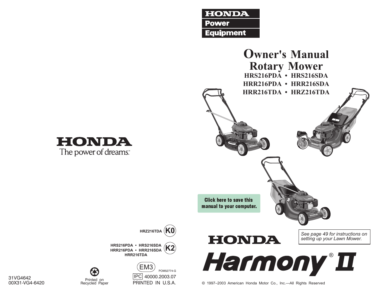 HONDA HRR216TDA User Manual | 72 pages