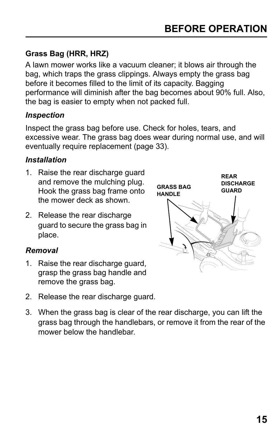 Grass bag (hrr, hrz), Before operation 15 | HONDA HRR216TDA User Manual | Page 17 / 72