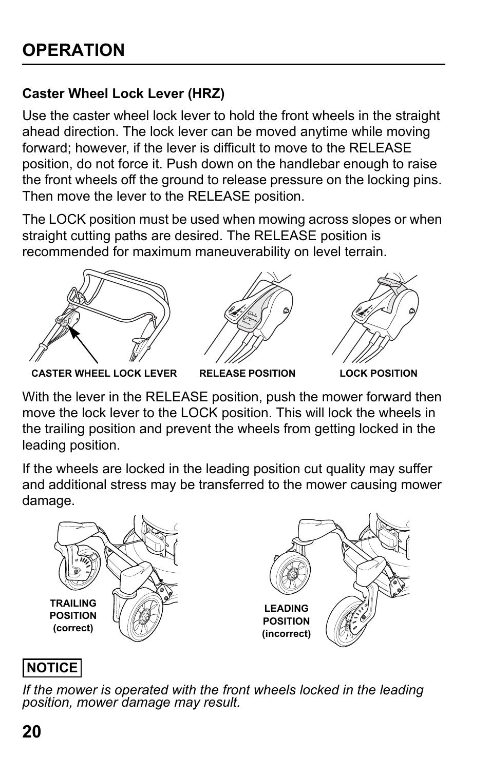 Caster wheel lock lever (hrz), Operation 20 | HONDA HRR216TDA User Manual | Page 22 / 72