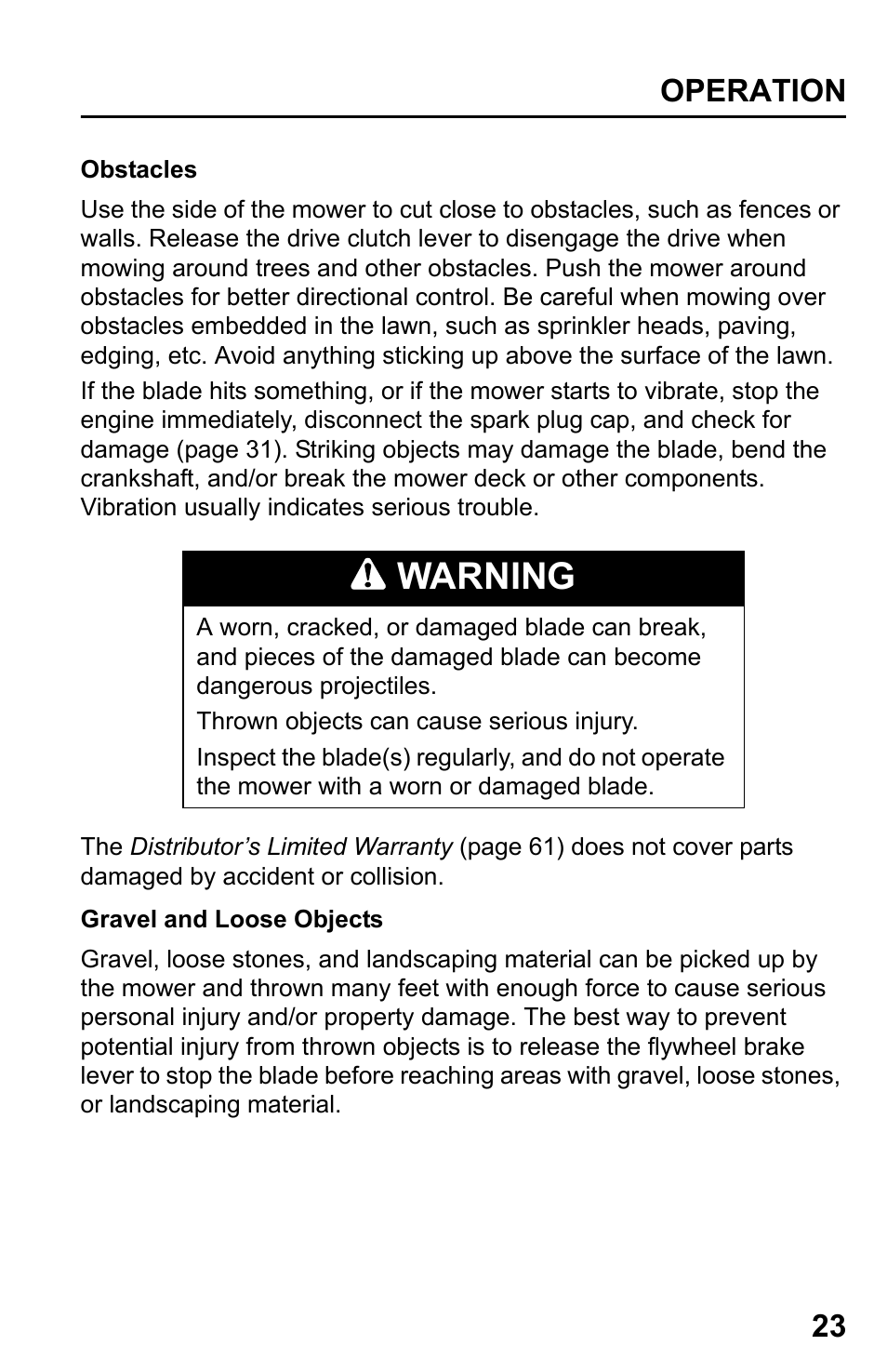 Warning | HONDA HRR216TDA User Manual | Page 25 / 72