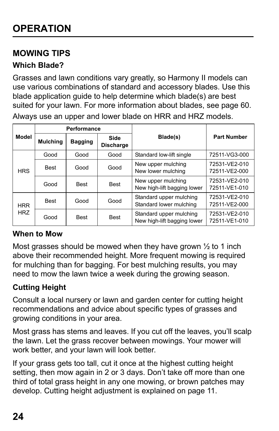 Mowing tips, Operation 24 | HONDA HRR216TDA User Manual | Page 26 / 72