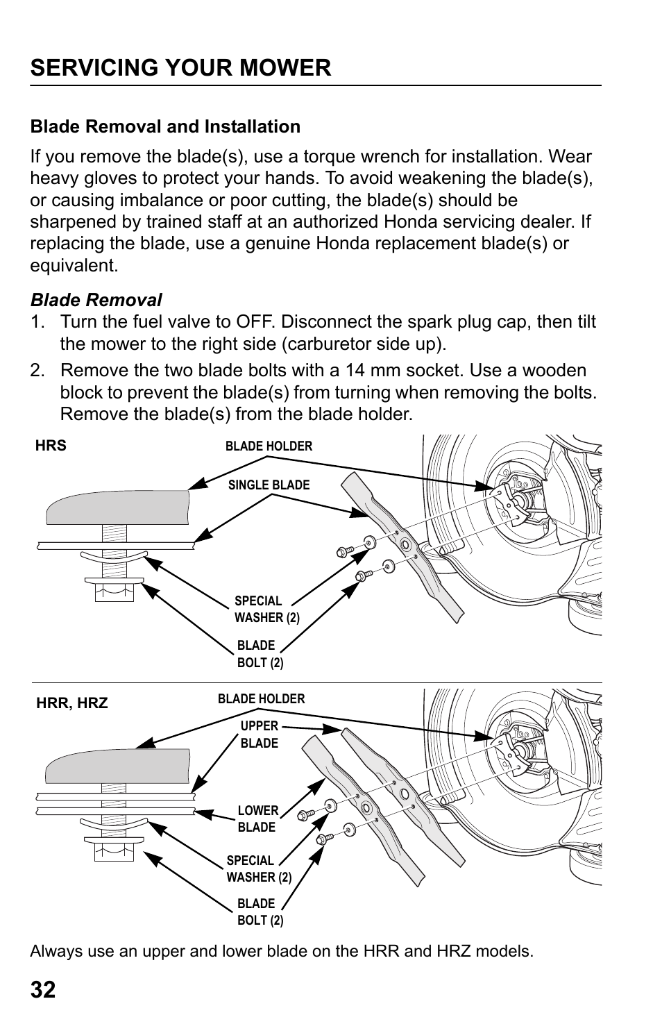 Servicing your mower 32 | HONDA HRR216TDA User Manual | Page 34 / 72