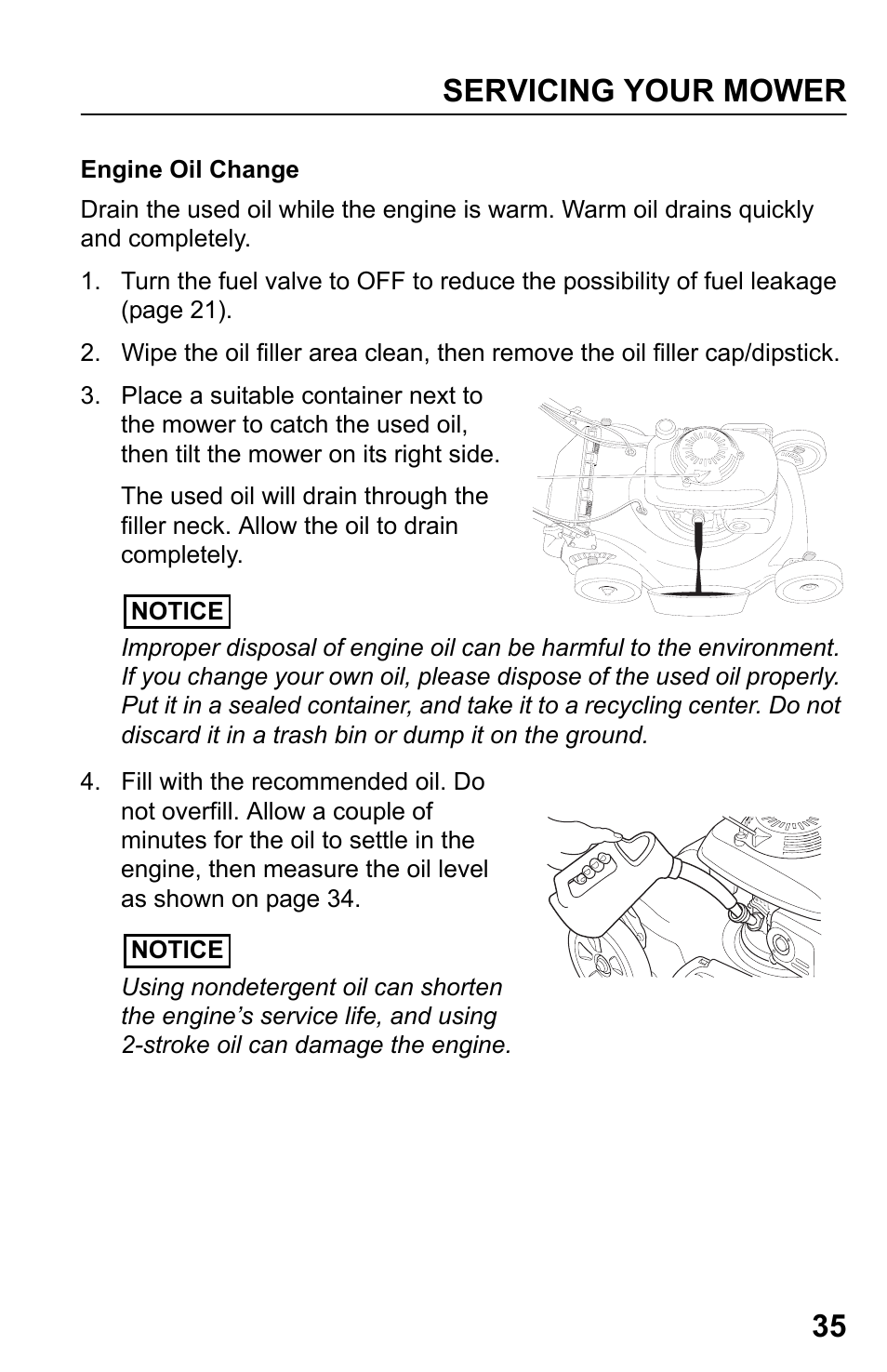 Engine oil change, Servicing your mower 35 | HONDA HRR216TDA User Manual | Page 37 / 72