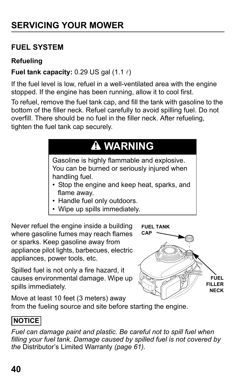 Fuel system, Refueling, Warning | Servicing your mower 40 | HONDA HRR216TDA User Manual | Page 42 / 72