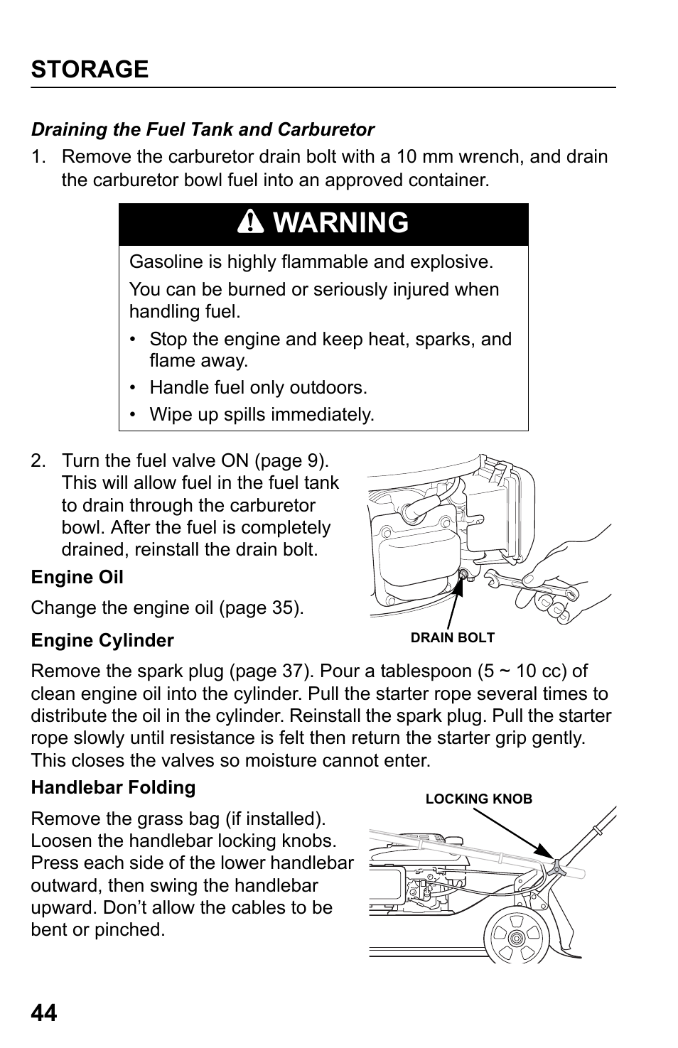 Engine oil, Engine cylinder, Handlebar folding | Warning, Storage 44 | HONDA HRR216TDA User Manual | Page 46 / 72