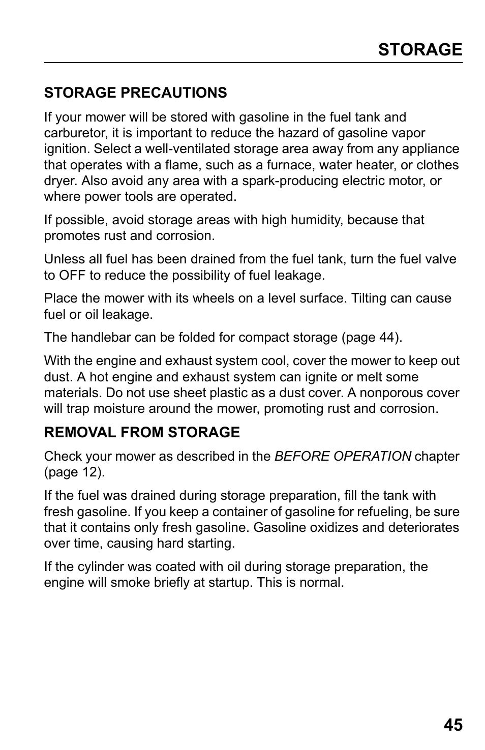 Storage precautions, Removal from storage, Storage 45 | HONDA HRR216TDA User Manual | Page 47 / 72