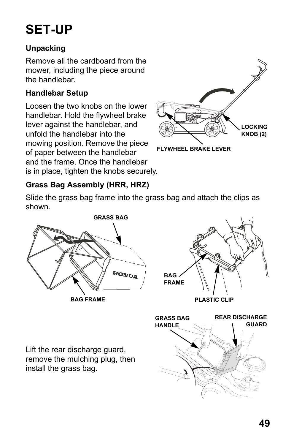 Set-up, Unpacking, Handlebar setup | Grass bag assembly (hrr, hrz) | HONDA HRR216TDA User Manual | Page 51 / 72