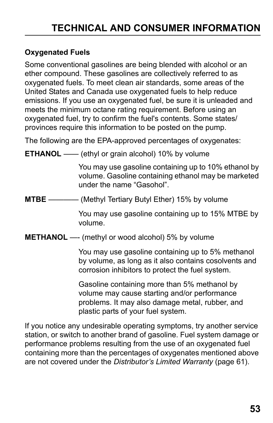 Oxygenated fuels, Technical and consumer information 53 | HONDA HRR216TDA User Manual | Page 55 / 72