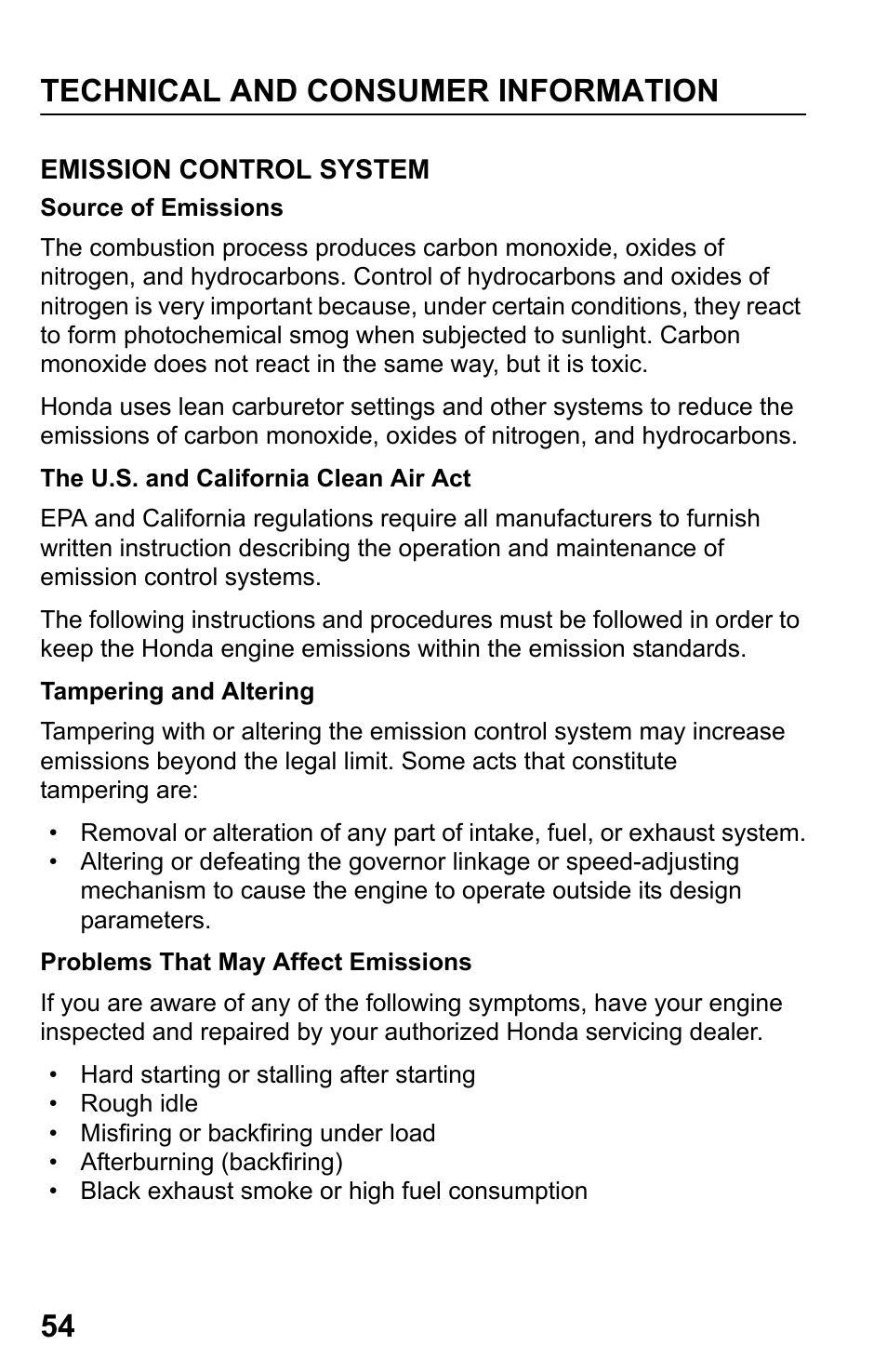 Emission control system, Technical and consumer information 54 | HONDA HRR216TDA User Manual | Page 56 / 72